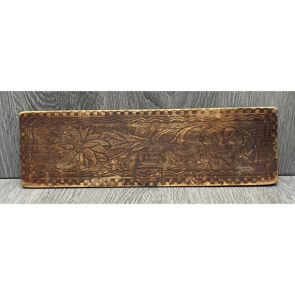 Vintage Hand Carved Wood Ties Box Front Art Nouveau Floral Woman Decor